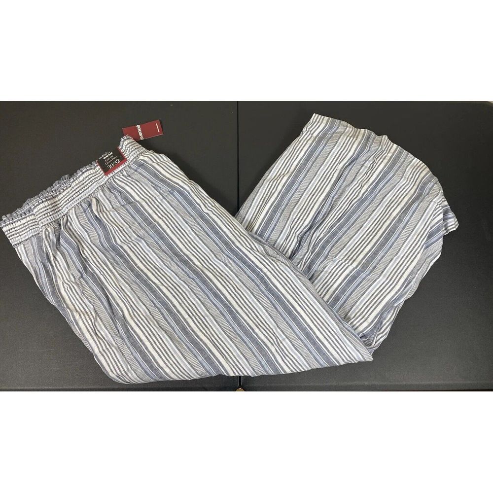 Avenue Linen Pants Womens Size 30/32 Blue Striped Pull‎ On Stretch Wide Leg Slit